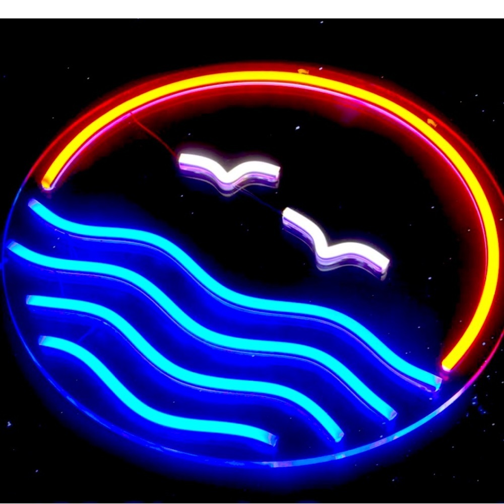 Neon Ocean Wave Sunset Blue Red Light Bedroom Beach Vacation Summer Wall Decor - Picture 2 of 5